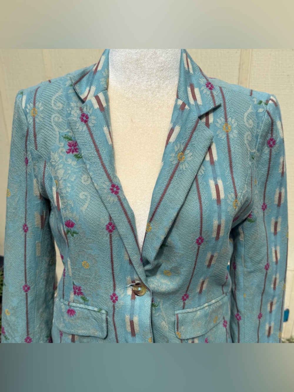 Sundance Blue Jacquard Pattern Print Button Front Blazer Jacket Boho - Picture 2 of 5